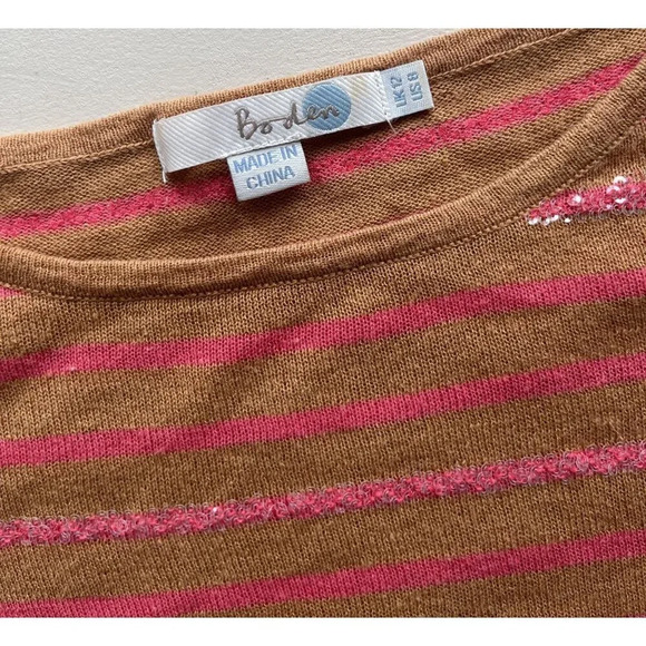Boden Brown & Pink Sparkle Stripe Short Sleeve Sweater Size 8 - Picture 4 of 4
